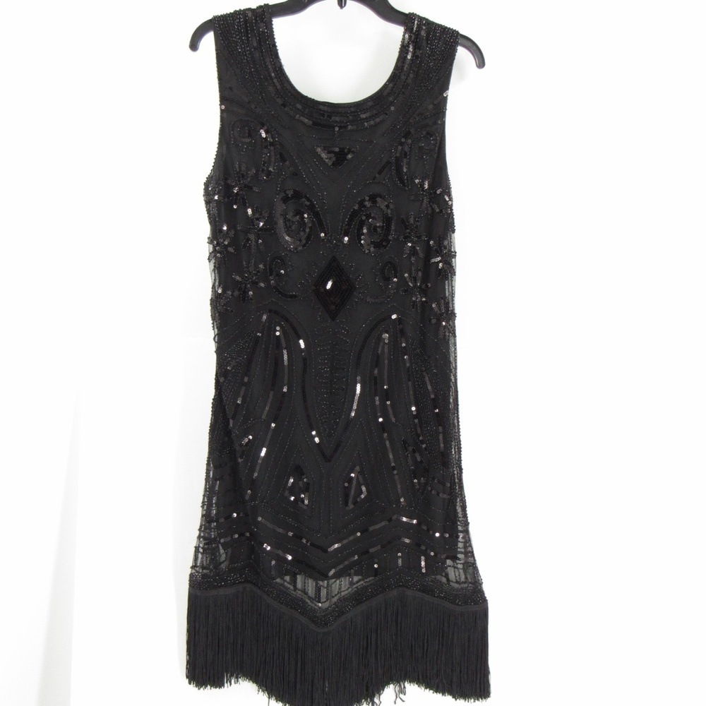 Sleeveless Black Bling Flapper Dress M-L